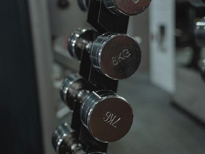 Row of heavy black dumbbells on a metal rack